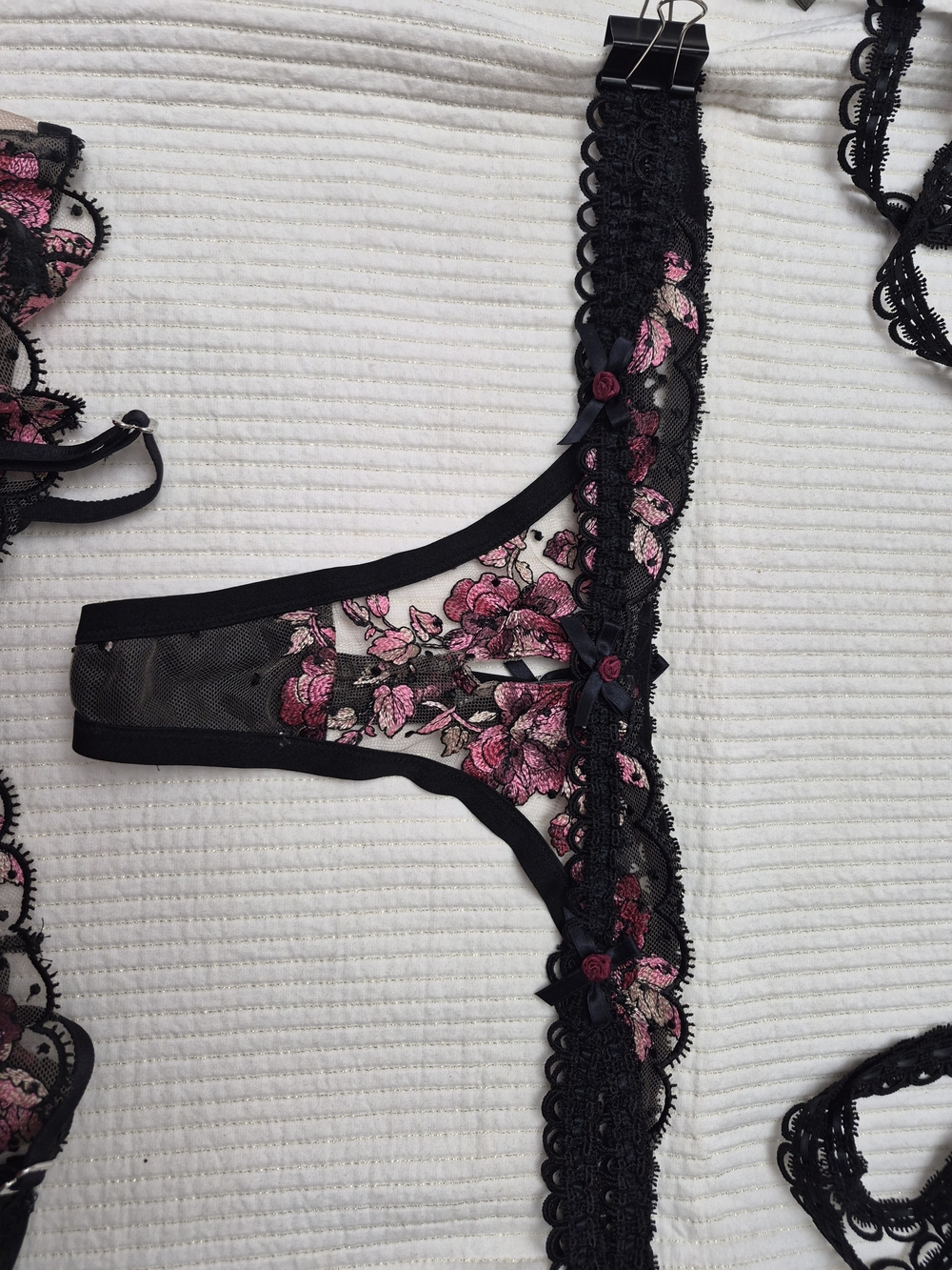 For Love And Lemons Black Sheer Bra & Garter Set with Pink Floral Embroidery - Picture 3 of 11